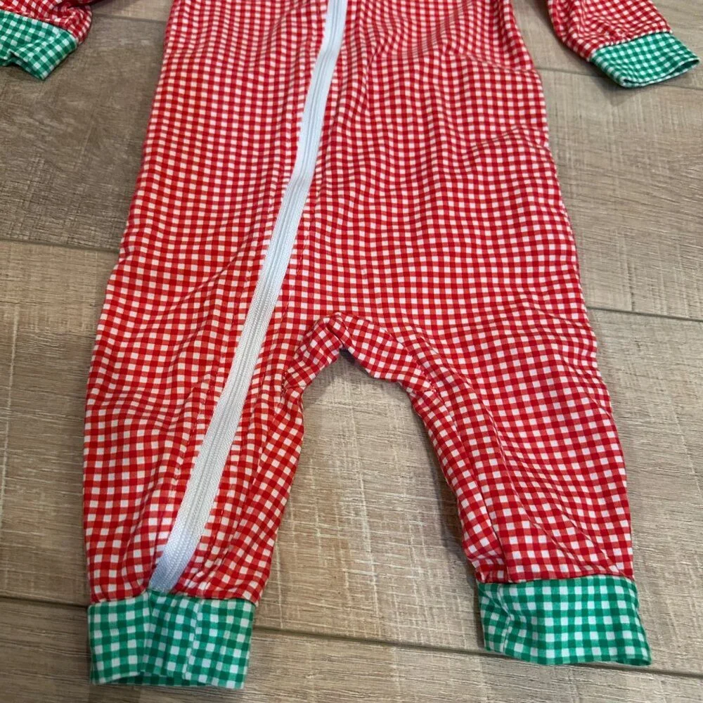 CECIL AND LOU 6 MONTH RED AND GREEN CHRISTMAS SLEEPER ONE PIECE MONOGRAMED T